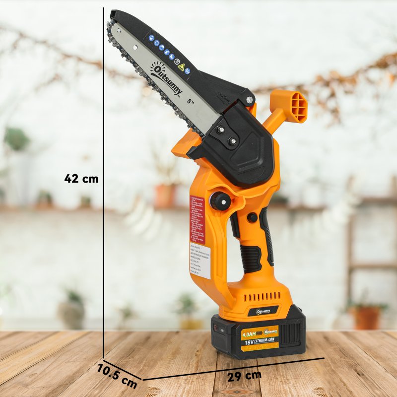 Outsunny 8 Inch Electric Chainsaw, Cordless Mini Chain Saw with Brushless Motor, 2 x 4000mAh Batteries and Safety Lock, Handheld Portable Wood Pruning Saw for Trimming Cutting, Orange
