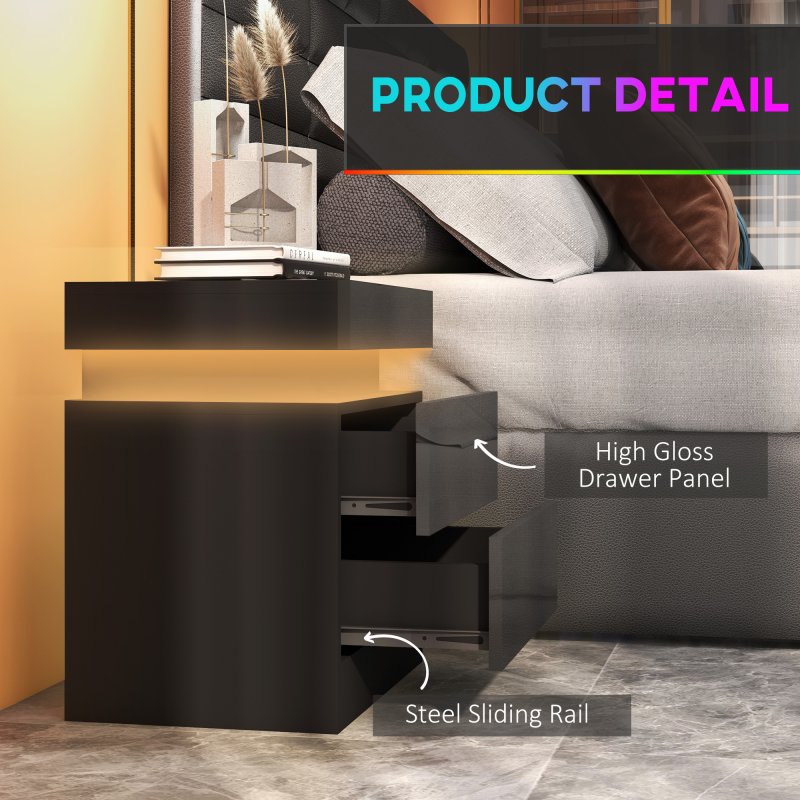 HOMCOM High Gloss Front Bedside Table, Nightstand with RGB LED Light and 2 Drawers, Chest of Drawers for Bedroom, Living Room, Black