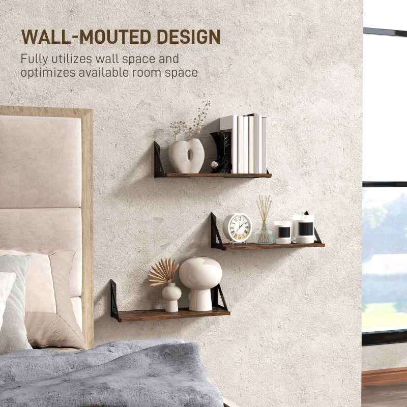 HOMCOM Set of 3 Wall Shelves, Vintage Wall Mounted Floating Shelves for Living Room, Entryway, Bedroom, Rustic Brown