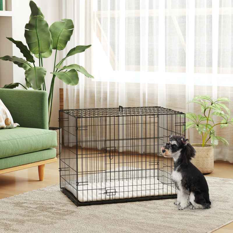 PawHut Dog Crate, Folding Metal Dog Cage with Two Doors, Tray, Soft Cushion, for Small Dogs, 76 x 53 x 60 cm, Black