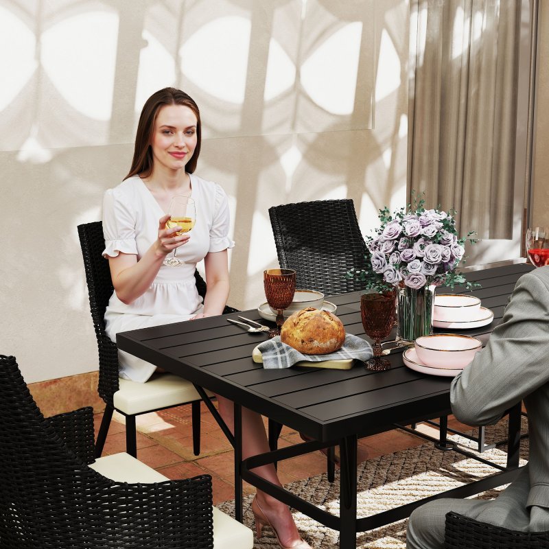 Outsunny 6 Seater Rattan Dining Set with Cushions, Garden Furniture Set with Armchairs, Rectangle Slatted Table Top, Steel Frame, Parasol Hole, Wicker Outdoor Furniture for Patio, Balcony, Cream White