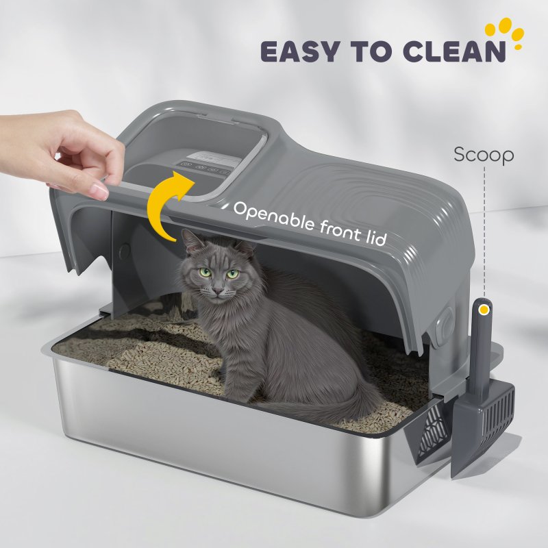 PawHut Stainless Steel Litter Tray with Plasma Deodoriser System, 65L Extra Large Enclosed Litter Box with Lid High, Sided Wall and Scoop for Larger Cats, Easy to Clean & Odour-Resistant, Grey