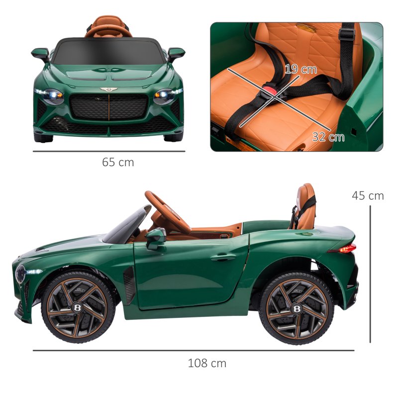 HOMCOM Bentley Bacalar Licensed, 12V Kids' Electric Ride-On with Remote Control, Battery Powered Electric Car for Kids with Suspension Wheels, Horn, Lights, for Ages 3-5 Years - Green