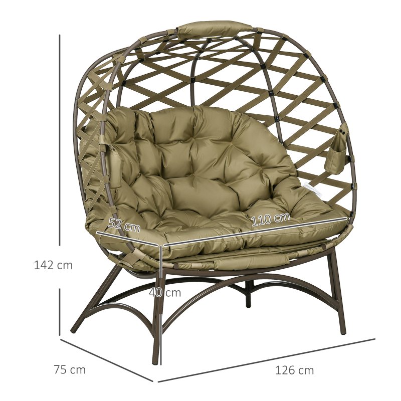 Outsunny Egg Chair Outdoor, 2 Seater Folding Weave Garden Furniture Chair with Cushion, Cup Pockets for Patio Balcony - Khaki