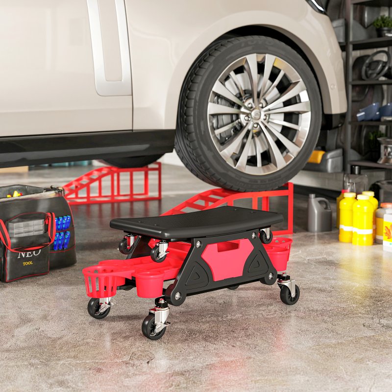 HOMCOM Rolling Mechanic Stool, 135kg Capacity Workshop Stool with 360 Swivel Wheels, Roller Creeper Seat with Slide Out Tool Trays, Drawer, Bottle Holders for Garage, Shop, Auto Repair, Red