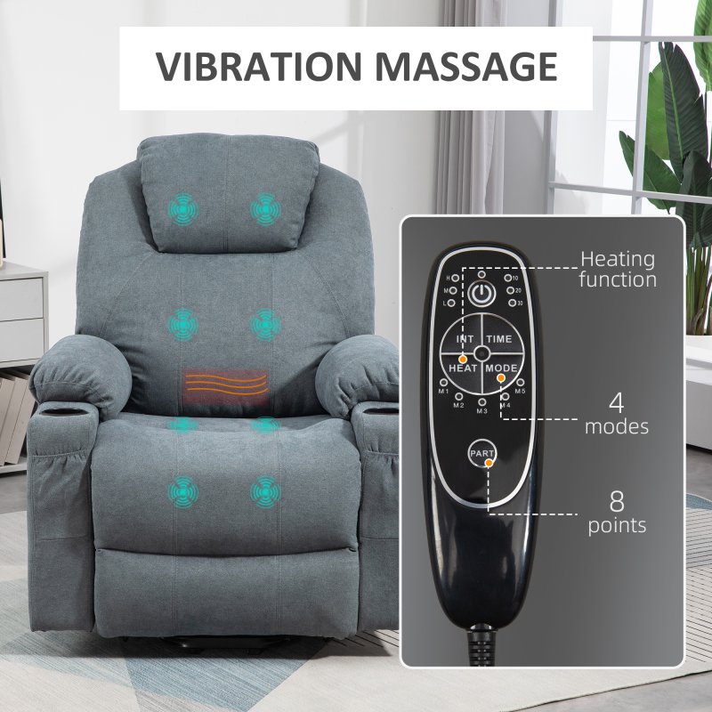 HOMCOM Riser and Recliner Chair for the Elderly, Quick Assembly, Fabric Overstuffed Lift Chair with Vibration Massage and Heat, Remote Control, Side Pockets, Cup Holders, Pocket Spring, Charcoal Grey