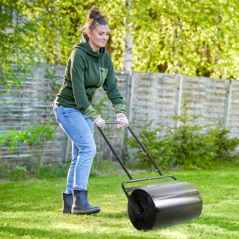 Outsunny Combination Push/Tow Lawn Roller Filled with 38L Sand (62kg) or Water, Great for the Garden 32 x 50cm Roller, Black