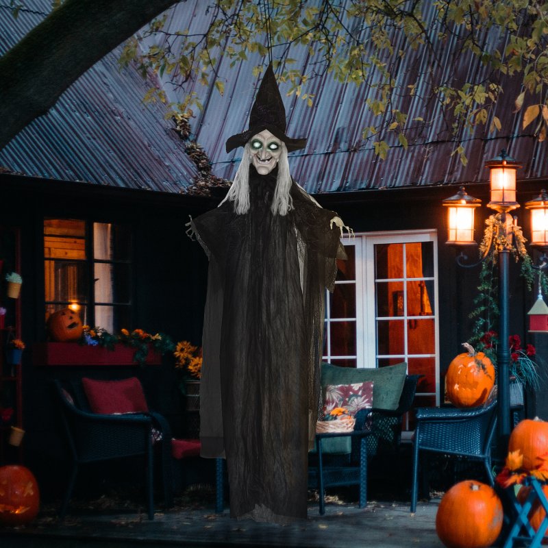 HOMCOM 6ft Outdoor Halloween Decoration Witch, Standing Witch Prop Life Size with Sound and Motion Activated, Light Up Eyes, Talking Sound, Posable Arms