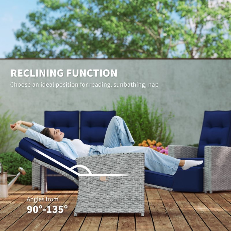 Outsunny 4 Piece Rattan Garden Furniture Set with Adjustable Backrest, Wicker Outdoor Furniture Sofa Set with Loveseat, Reclining Armchairs, Thickened Cushions and Glass Top Table, Navy Blue