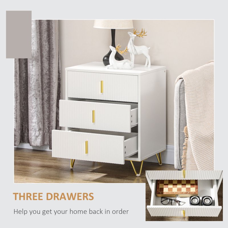 HOMCOM Modern 3 Drawer Dresser, Fluted Bedroom Dresser Chest of Drawers with Metal Legs and Steel Handles for Bedroom, White
