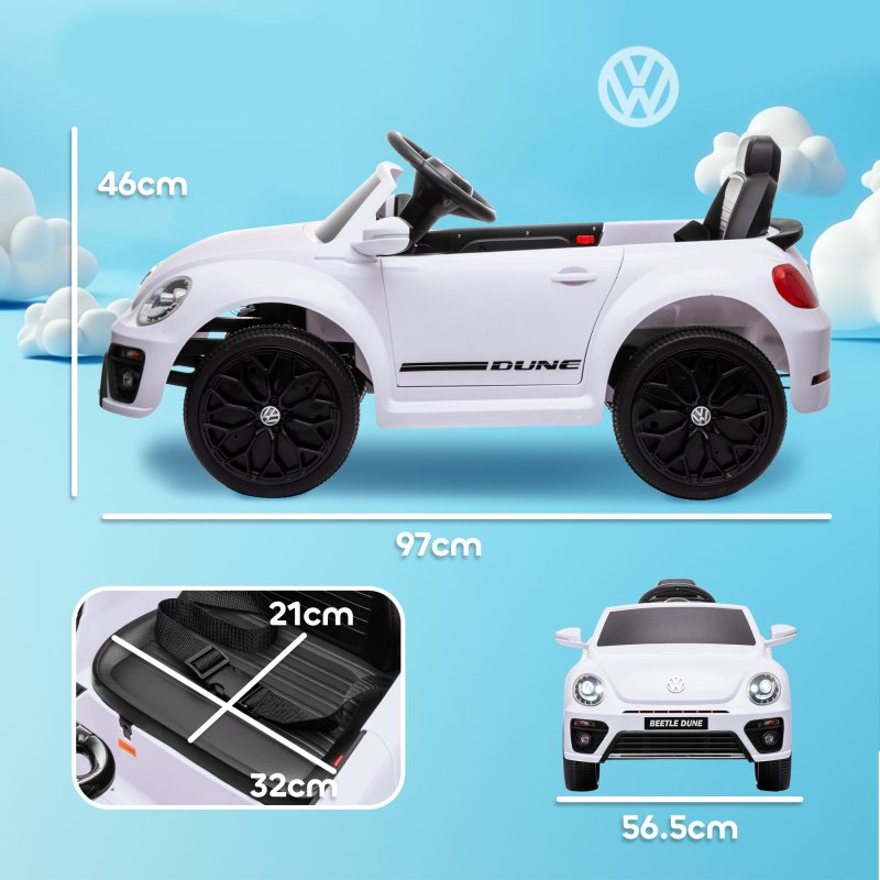 AIYAPLAY Volkswagen Beetle Licensed Ride on Car, 12V Kids Electric Car with Remote Control, 4 Spring Suspension Wheels, Soft Start, Headlights, FM Radio, Music, Horn, White