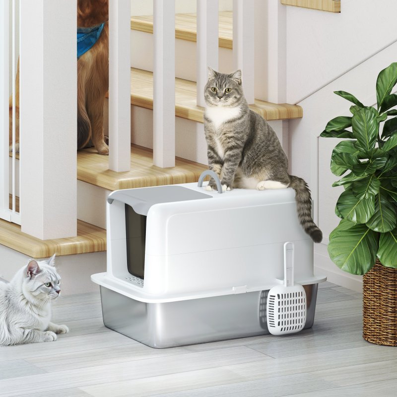 PawHut Stainless Steel Cat Litter Box, Extra Large Metal Cat Litter Tray with Lid, Scoop, Filter Bags, White
