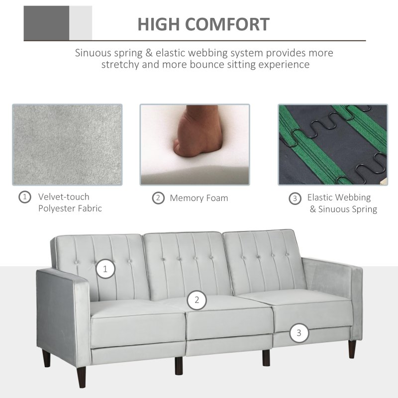 HOMCOM Corner Sofa Bed Reversible 3-Seater Sectional Sofa Set Velvet-Touch Sleeper Futon with Footstool, Light Grey