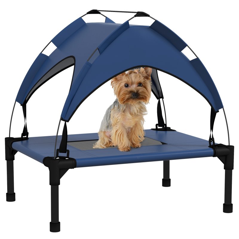 PawHut Cooling Raised Dog Bed, Elevated Pet Bed with Breathable Mesh, UV Protection Canopy, Foot Pads, for Indoor Outdoor, Mini, Small Dog, 61 x 46 x 63cm - Dark Blue