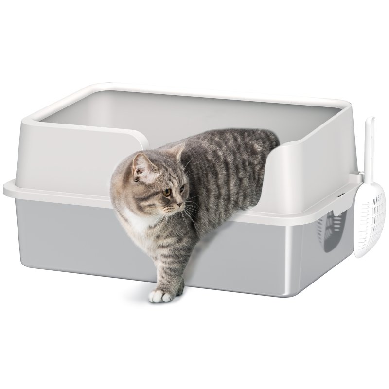 PawHut Stainless Steel Litter Box, High Sided Metal Cat Litter Tray with Detachable Rim, Scoop, Easy Cleaning, Odour-Resistant, 60 x 40 x 28 cm