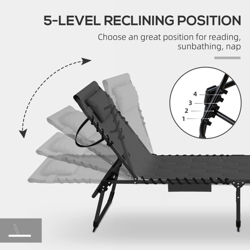 Outsunny Foldable Sun Lounger Set with 5-level Reclining Back, Outdoor Tanning Chairs Sun Loungers with Build-in Padded Seat, Side Pocket, Headrest for Beach, Patio, Black