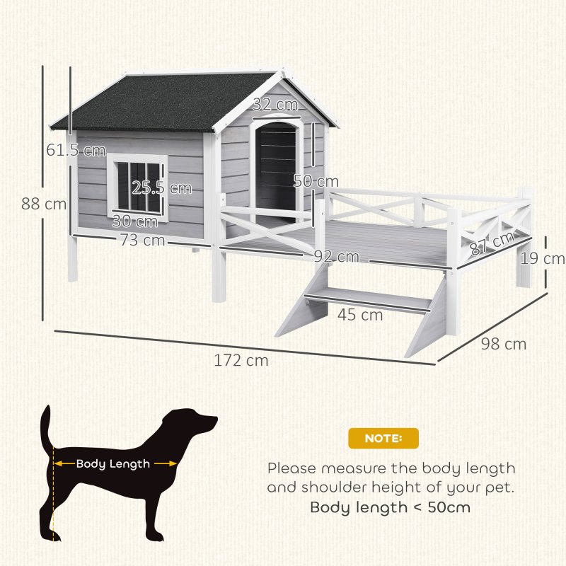 PawHut Outdoor Dog House with Porch, Wooden Dog Kennel with Water-resistant Asphalt Roof, Ladders, Fencing, Window, for Small and Medium Size, Grey