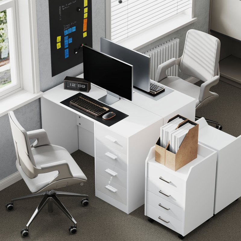 HOMCOM Computer Desk with Drawers, Dressing Table, High Gloss Home Office Writing Workstation, White