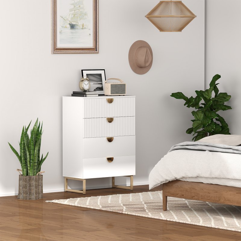 HOMCOM Bedroom Chest of Drawers with Gold Tone Handle, Modern Fluted 4-Drawer Dresser with Metal Legs for Living Room, Hallway, White