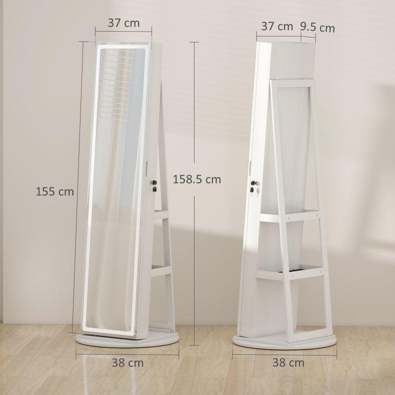 HOMCOM 360 Swivel Mirror Jewellery Cabinet with 3 Colour LED Lights, Lockable Jewellery Organiser, Free Standing Full Length Mirror with Storage for Earrings, Necklaces, Rings and Lipsticks, White