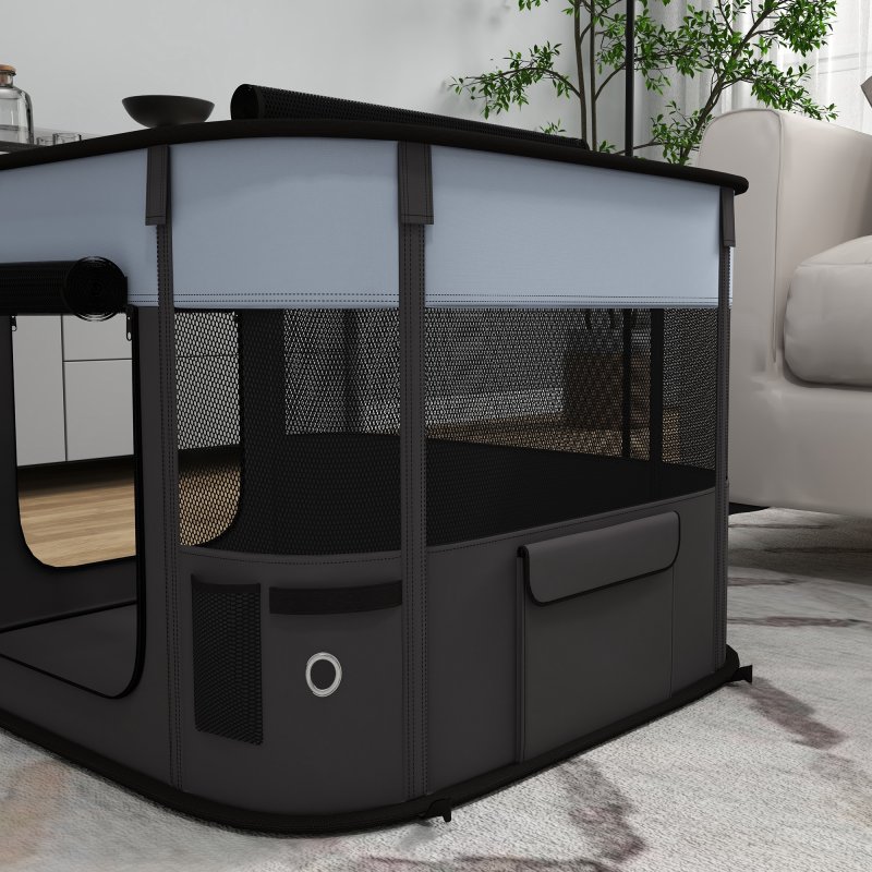 PawHut Dog Pen, Pet Playpen, Portable Foldable Dog Cat Playpen Soft Pet Cage with Storage Bag for Puppies, Rabbits, Kittens, Guinea Pigs, 74 x 60 x 45cm - Grey