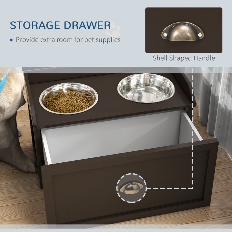 PawHut Stainless Steel Raised Dog Bowls, Double Dog Food and Water Bowl w/ 21L Storage Drawer, for Large Dogs - Brown