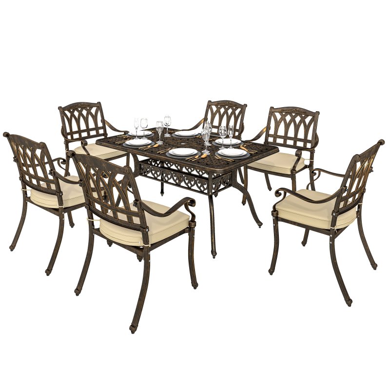 Outsunny 7 Pieces Cast Aluminium Garden Dining Set, 6 Seater Garden Table and Chairs with Parasol Hole, Outdoor Garden Furniture Set with Cushions for Patio, Bronze Tone