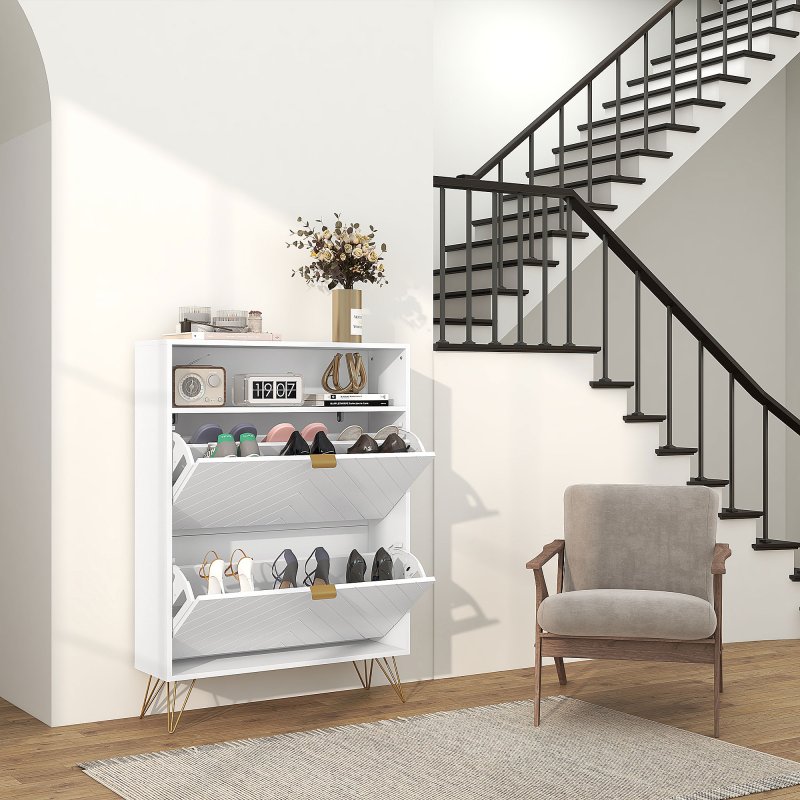HOMCOM Narrow Shoe Cabinet with 2 Flip Drawers, Slim Shoe Storage Cabinet with Adjustable Shelves, Open Shelf, Hairpin Legs and 2 Vents for 12 Pairs of Shoes for Entryway, White