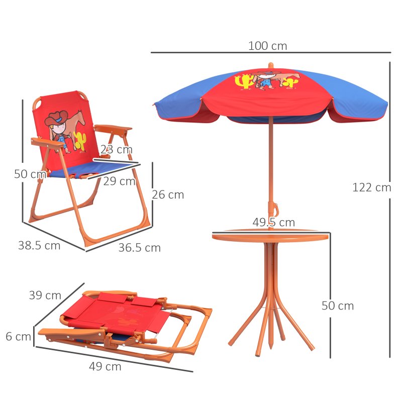 Outsunny Kids Bistro Set Children Table and Chair Set Garden Furniture Cowboy Themed 4 Pieces w/ Adjustable Parasol, Foldable Chairs for 2-5 Years - Blue and Red