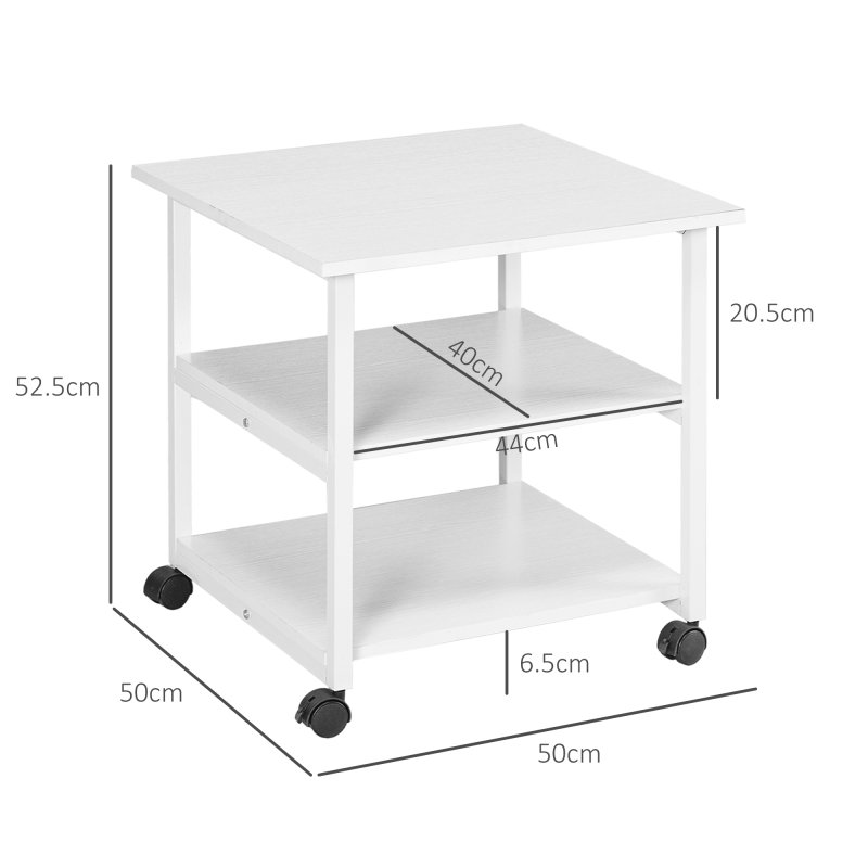 HOMCOM 3-Tier Printer Stand with Storage Shelf, Mobile Printer Table on Wheels, 50 x 50 x 52.5cm Rolling Printer Cart for Home Office, White