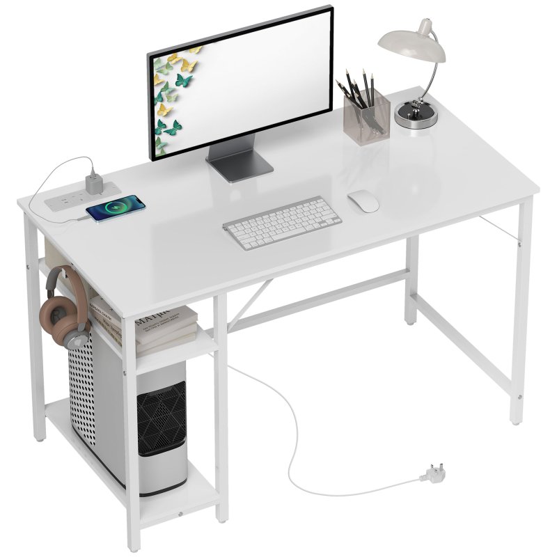HOMCOM Computer Desk with Power Outlets, 120 x 60 cm Home Office Desk with Reversible Storage Shelves and Headphone Hook, Study Table Workstation for Bedroom, White