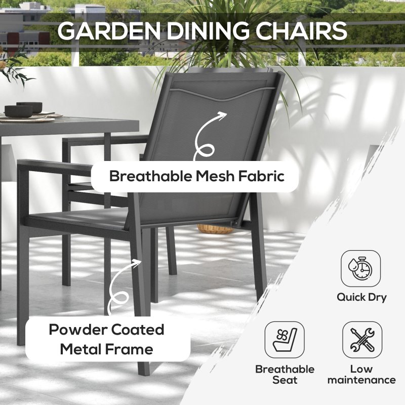 Outsunny 5 Pieces Garden Dining Set with Glass Top Dining Table, Outdoor Patio Table and 4 Armchairs with Texteline Fabric Seats and Backrest, Wood-plastic Composite Armrests Top, Grey