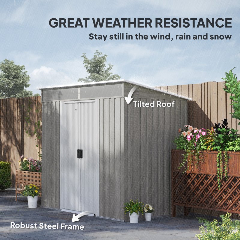 Outsunny 6.5 x 4FT Galvanised Metal Garden Shed with Double Sliding Doors and 2 Vents, Lockable Tool Storage House with Foundation Kit, Light Grey Wood Effect