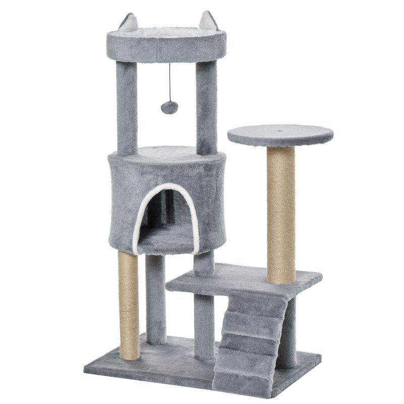 PawHut 100 cm Cat Tree, Cat Condo Tree Tower for Indoor Cats, Cat Activity Centre with Scratching Posts, Plush Perch, Ladder, Hanging Ball - Light Grey