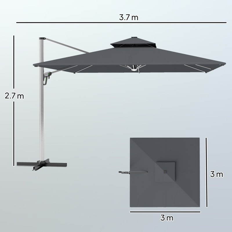 Outsunny 3(m) Garden Cantilever Parasol with Solar LED Lights, Overhanging Patio Umbrella with Cross Base, 360 Rotation, Crank Handle and Tilt, 8-Rib Outdoor Hanging Sun Shade, Grey