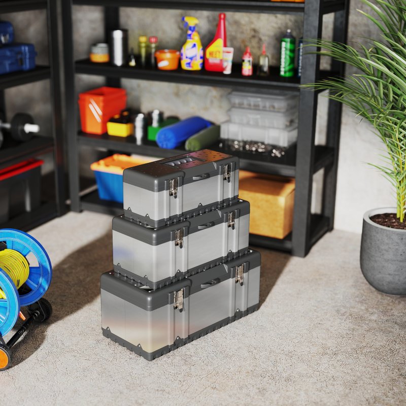 HOMCOM 3 Pieces Tool Box Set, 23"/ 19"/ 16" Powder Coated Stainless Steel Toolbox with Removable Tray, Handles, Latches, Heavy Duty Tool Case Storage for Workshop, Garage