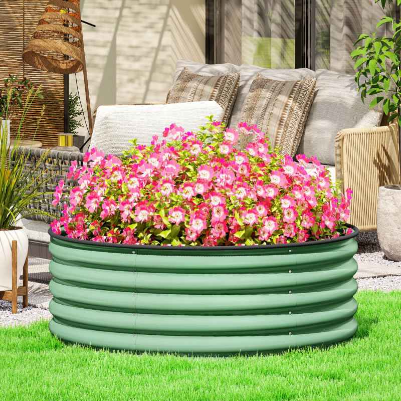 Outsunny Galvanised Raised Garden Bed with Safety Edging, Outdoor Raised Planter Box with Gloves and Open Bottom, Metal Raised Bed for Flowers, Vegetables and Herbs, 120 x 120 x 43cm, Light Green