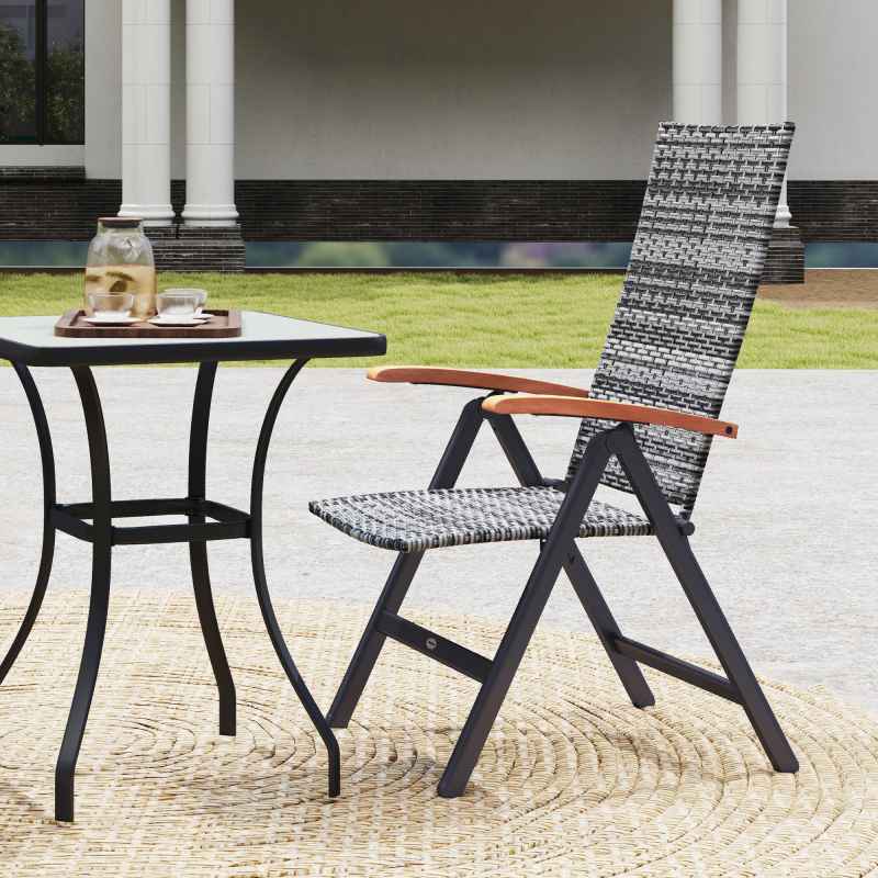 Outsunny Outdoor Folding Dining Chair, PE Rattan Chair with Armrests, High Backrest, for Garden, Camping, Balcony, Porch, Light Grey