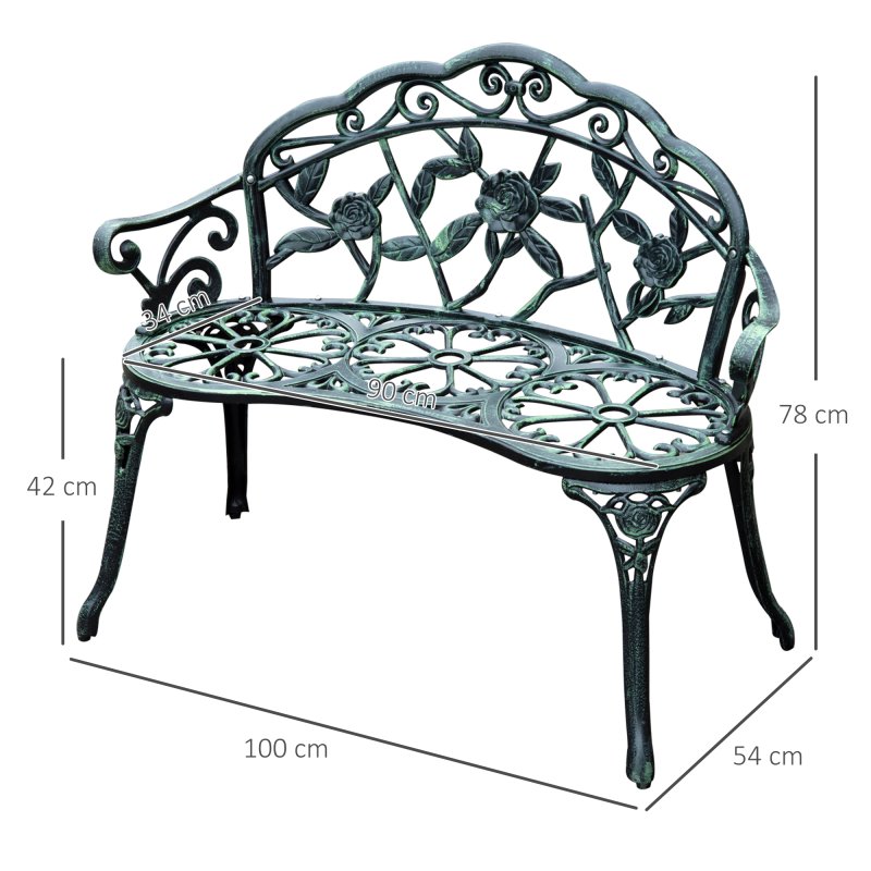 Outsunny 2 Seater Garden Bench, Cast Aluminium Outdoor Garden Loveseat, Antique Rose Style Outdoor Bench Seat with Back and Armrests for Patio, Porch, Park, Green