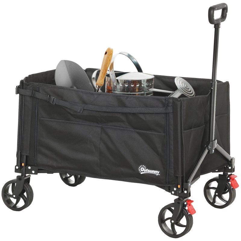 Outsunny Folding Trolley on Wheels, 150L Collapsible Wagon Festival Trolley Cart with Openable Sides, Adjustable Handle and Brakes for Shopping Camping Beach and Garden, Black