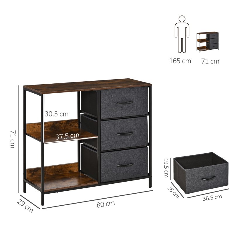 HOMCOM Chest of Drawers Storage  Dresser Cabinet Organizer with 3 Fabric Drawers and 2 Display Shelves for Living Room, Bedroom, Hallway