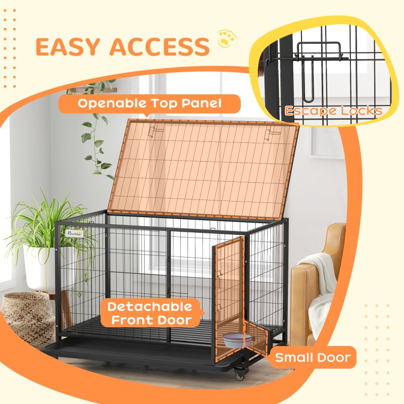 PawHut 48" Heavy Duty Dog Crate with Bowl Holder, Dog Cage on Wheels with Removable Tray, Openable Top, Detachable Door, Indoor Outdoor Use, for Large and Extra Large Dogs - Black