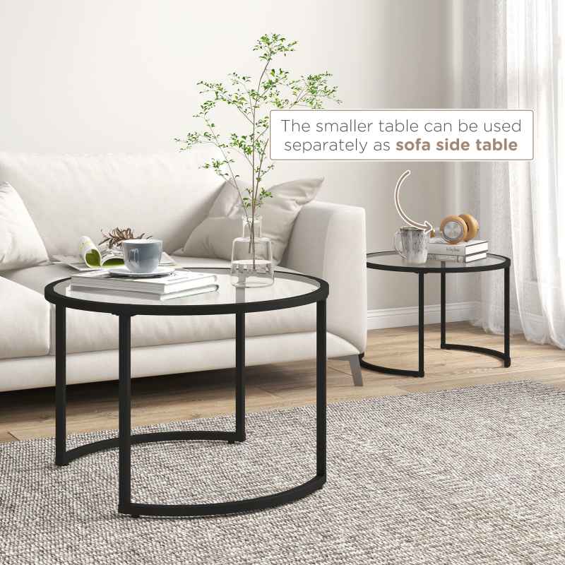 HOMCOM Coffee Table Set of 2, Modern Nest of Tables with Tempered Glass Top, Steel Frame for Living Room, Black