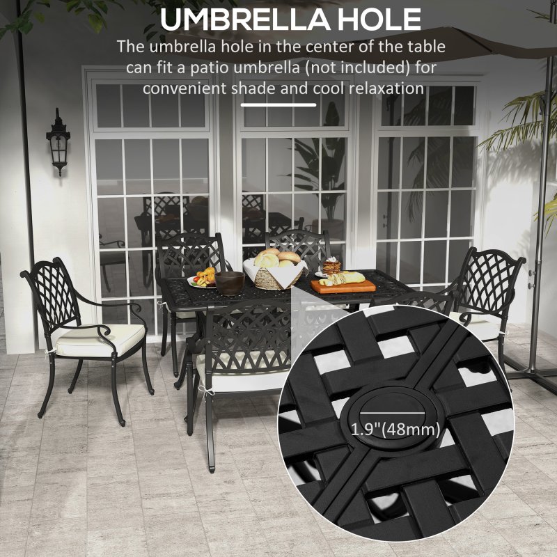 Outsunny 7 PCs Garden Patio Dining Set with Parasol Hole, Cast Aluminium Outdoor Furniture Set with Six Cushioned Chairs and Rectangle Dining Table, for Garden, Lawn, Deck, Black