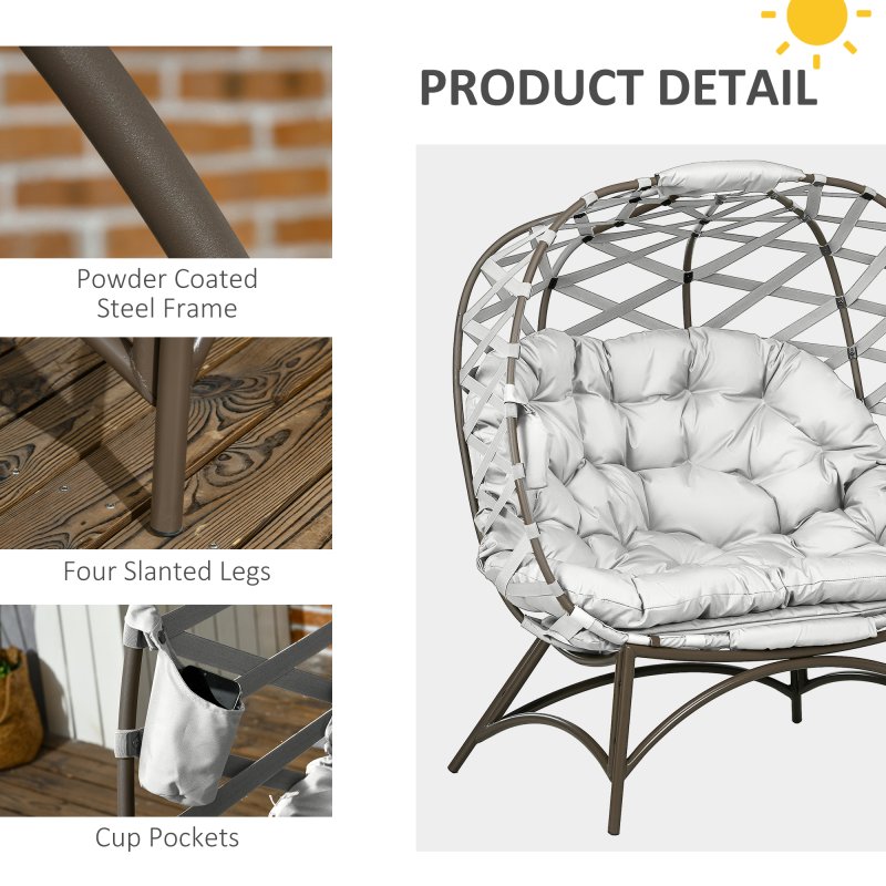 Outsunny Egg Chair Outdoor, 2 Seater Folding Weave Garden Furniture Chair with Cushion, Cup Pockets for Patio Balcony - Light Grey