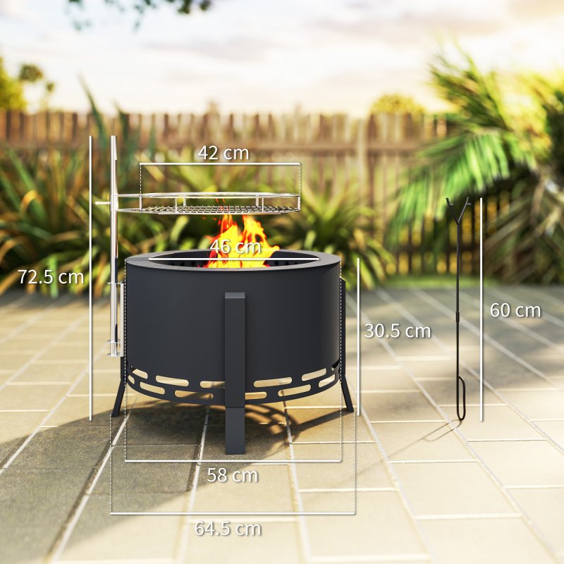Outsunny Portable Fire Pit, 58 cm Round Firepit with Grill Grate, Fire Bowl with Ash Catcher and Poker, Fire Pit BBQ for Garden Camping Bonfire Picnic, Black