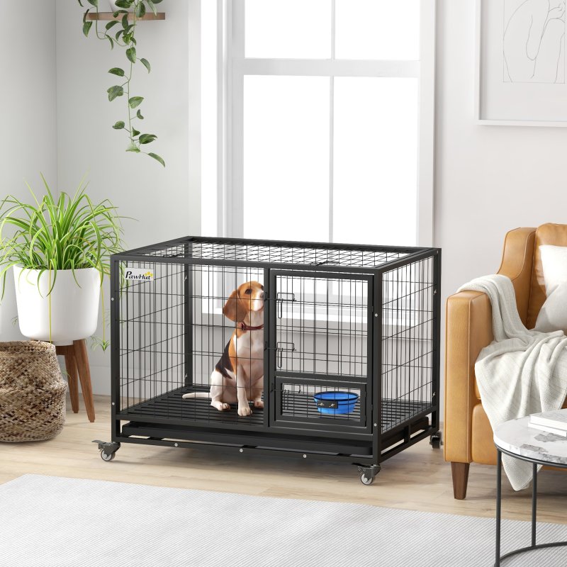 PawHut 43" Heavy Duty Dog Crate with Bowl Holder, Dog Cage on Wheels with Removable Tray, Openable Top, Detachable Door, Indoor Outdoor Use, for Large and Extra Large Dogs - Black