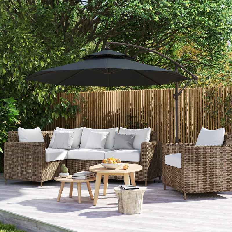 Outsunny 2.7m Garden Banana Parasol Cantilever Umbrella with Crank Handle, Double Tier Canopy and Cross Base for Outdoor, Hanging Sun Shade, Black