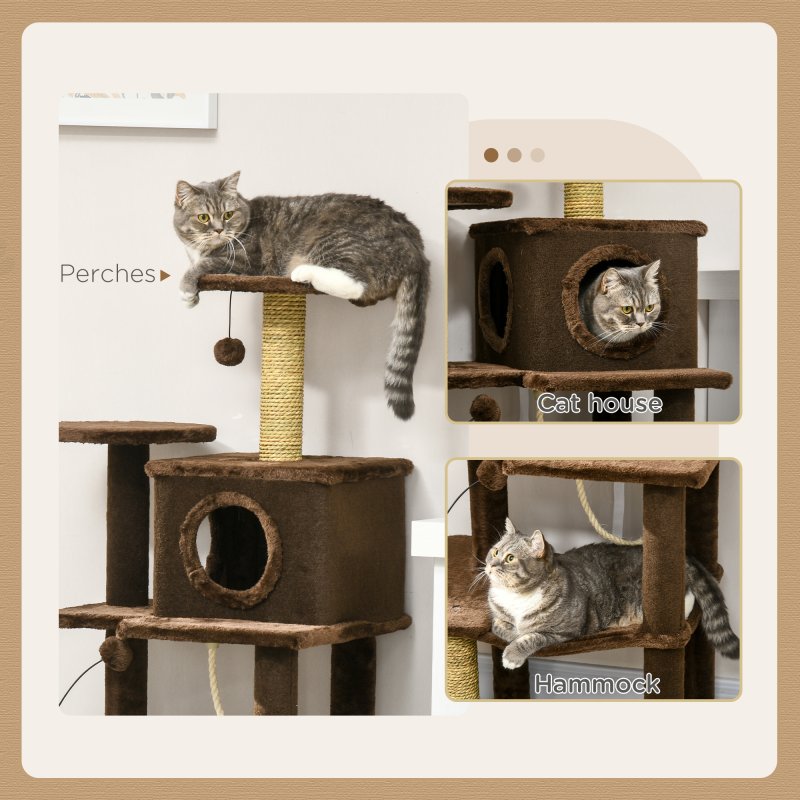 PawHut 136cm Cat Tree for Indoor Cats, Cat Tower with Scratching Posts, Hammock, Toy Ball, Cat House, Platforms - Brown