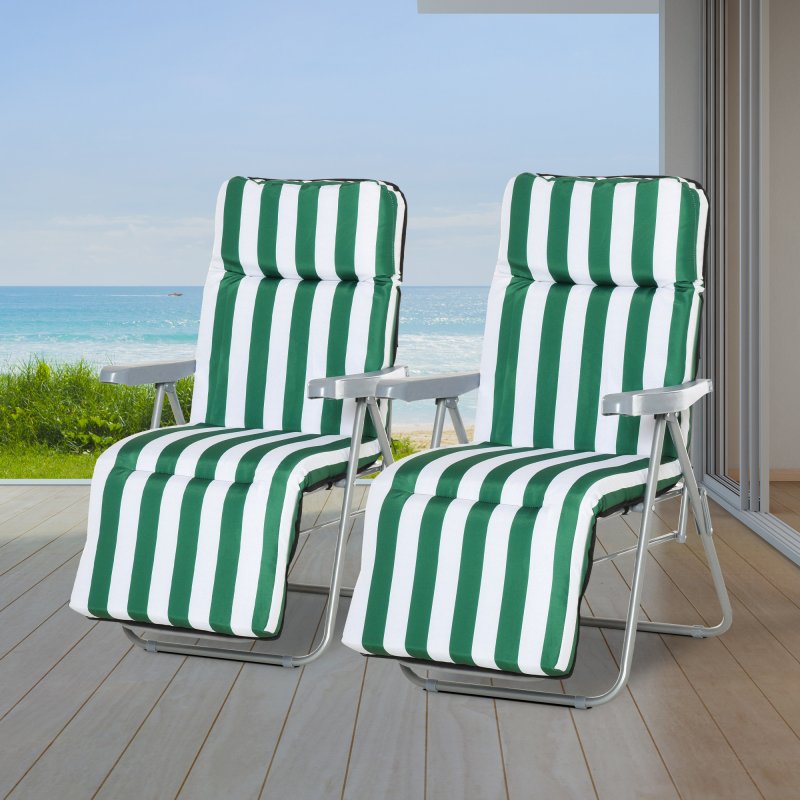 Outsunny Reclining Garden Chair Set of 2, 5-Level Adjustable Zero Gravity Chairs with Cushions, Folding Sun Lounger Garden Recliner Chairs with Armrests for Outdoor, Patio, Green Stripe